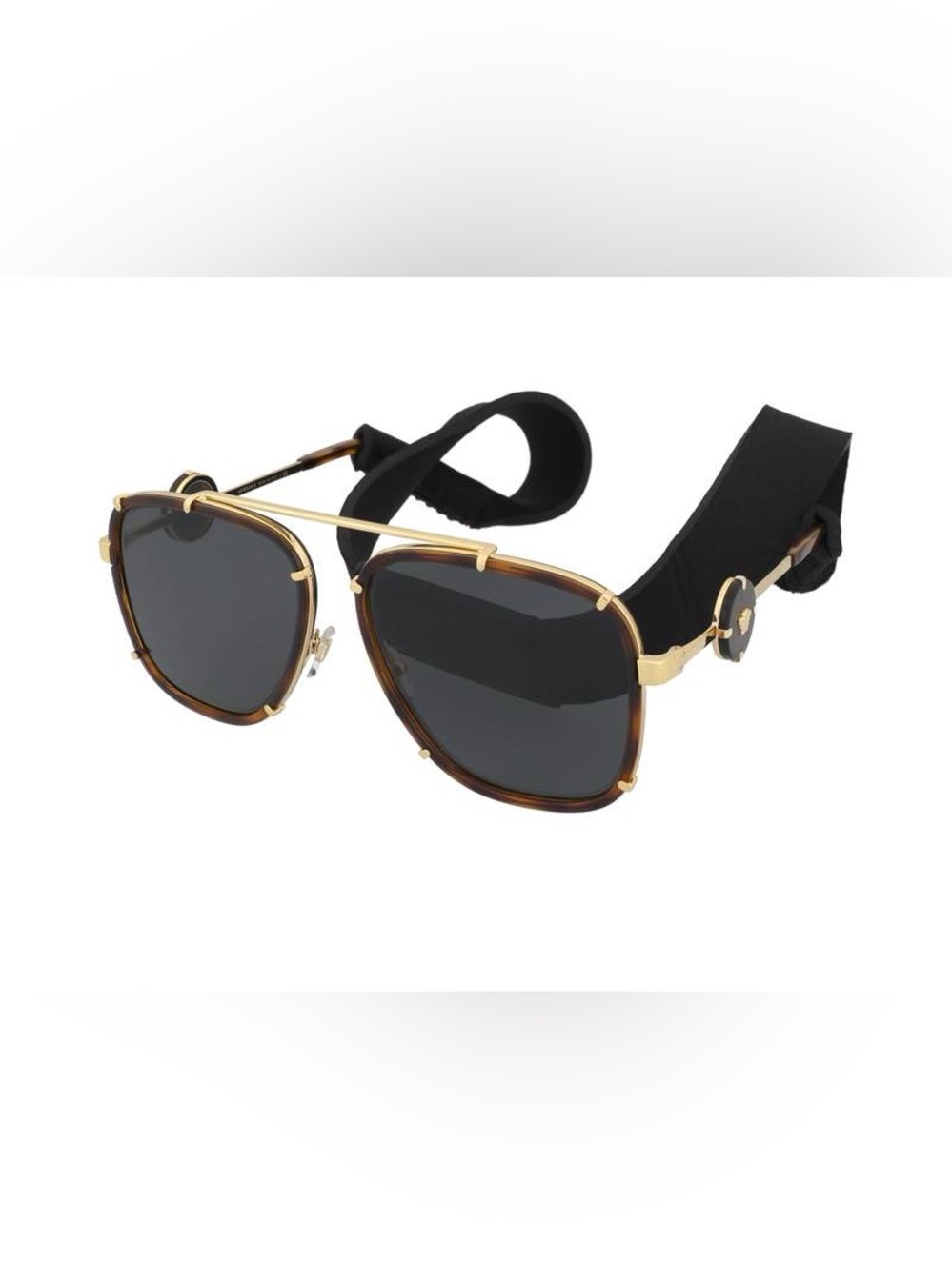Versace pilot sunglasses model 2233 Black-Gold Medusa Logo/Grey Black Neck Strap